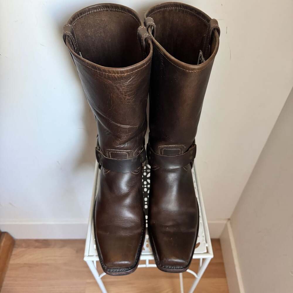 Frye Harness 12R Square Toe Boots Brown Leather